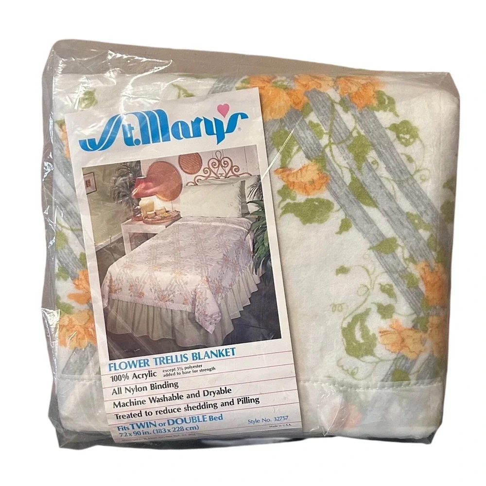 Vintage St Marys Flower Trellis Blanket‎ Twin Full Orange Floral Acrylic 72x90